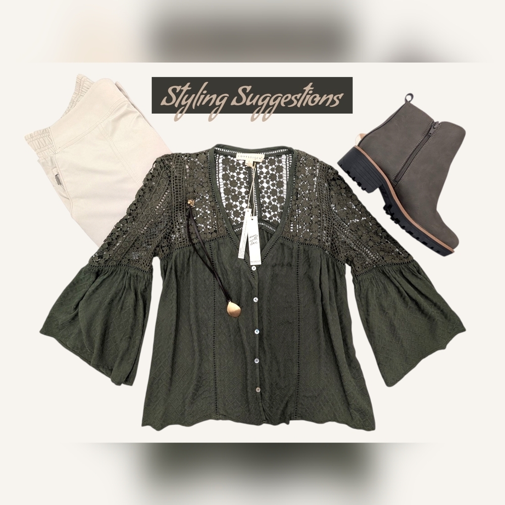 NWT LOVESTITCH Olive Green Sahara Mixed Lace Top Sz Small Rayon Flowy Boho Chic - Picture 3 of 17